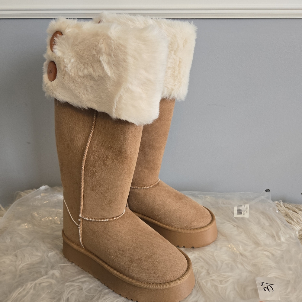 Tall Faux-Fur Cuff Tan Suede Boot - Picture 2 of 5